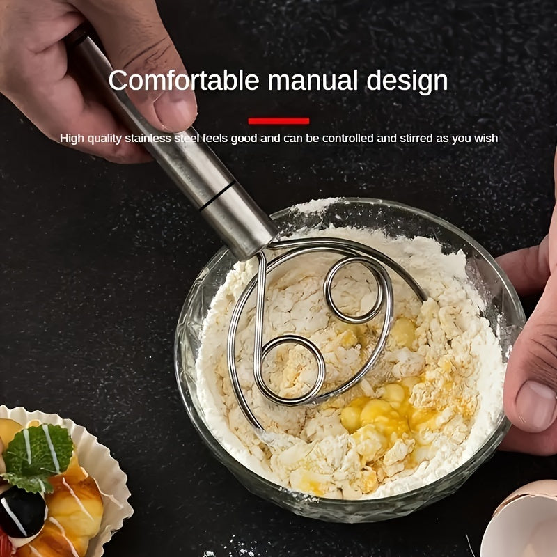 Stainless Steel Dough Mixer and Whisk - Handheld Bread Tool with Dough Scraper - Double Hole Quick Mixing for Cooking, Baking, and Food Trucks