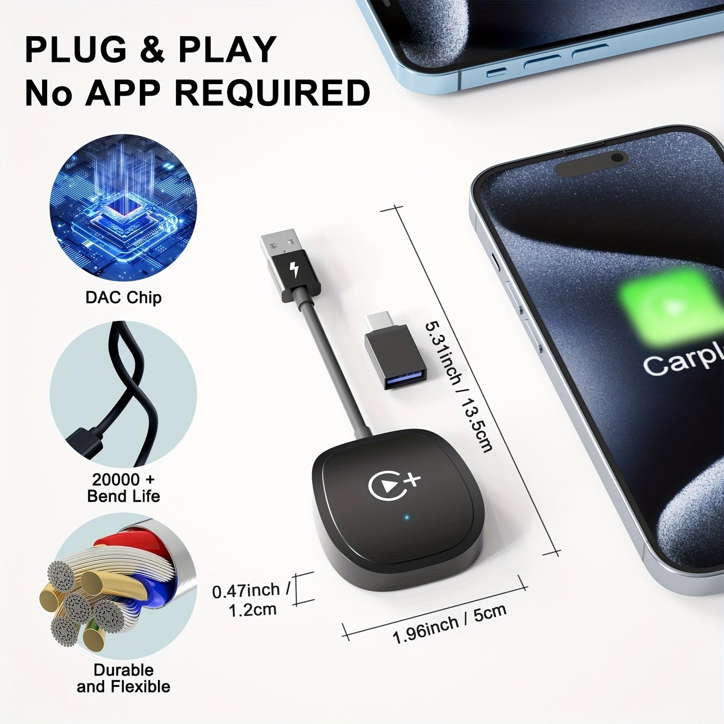 Portable Wireless CarPlay Adapter – Upgrade Wired to Wireless CarPlay, Plug and Play, Fast Connection for Videos, Music, Navigation, Phone Calls, Compatible with iPhone iOS 10+