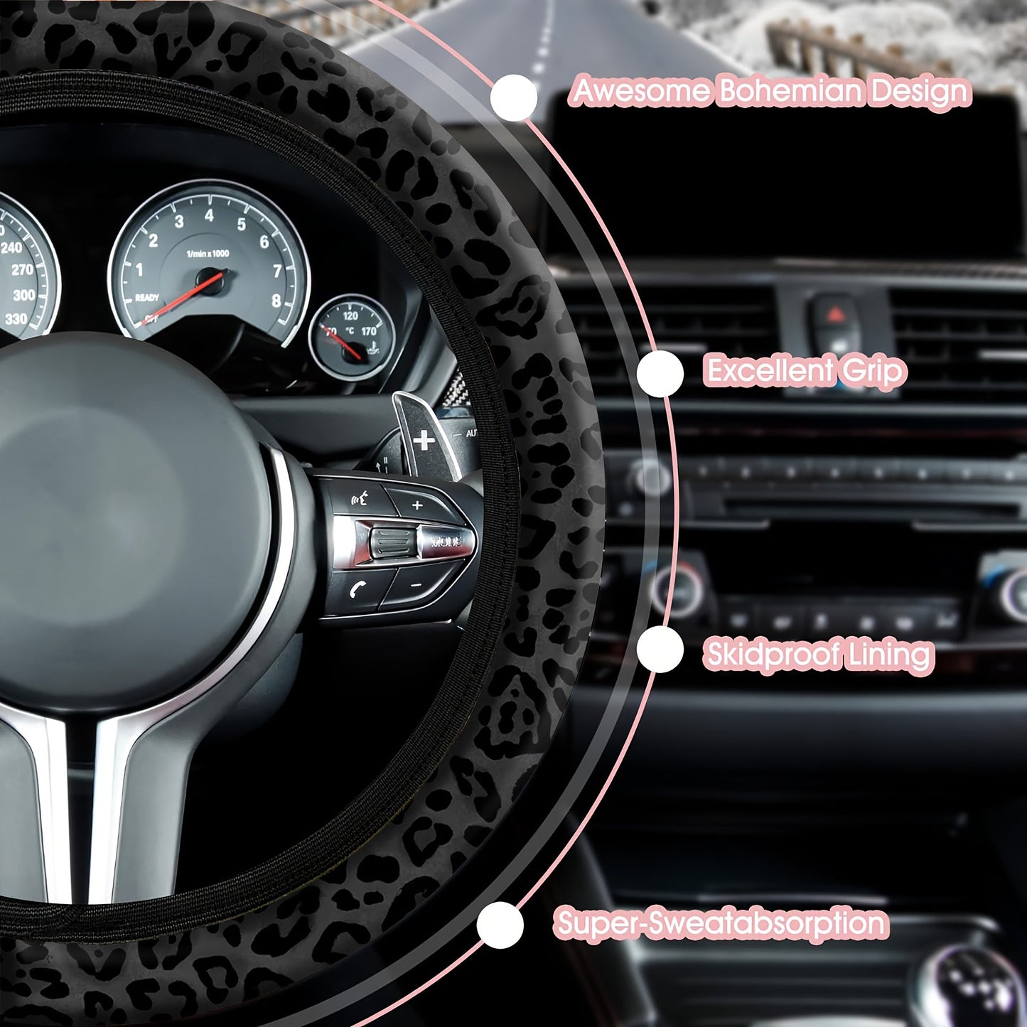 Black Leopard Print Steering Wheel Cover – Non-Slip, Stretchable Car Accessory for Men and Women