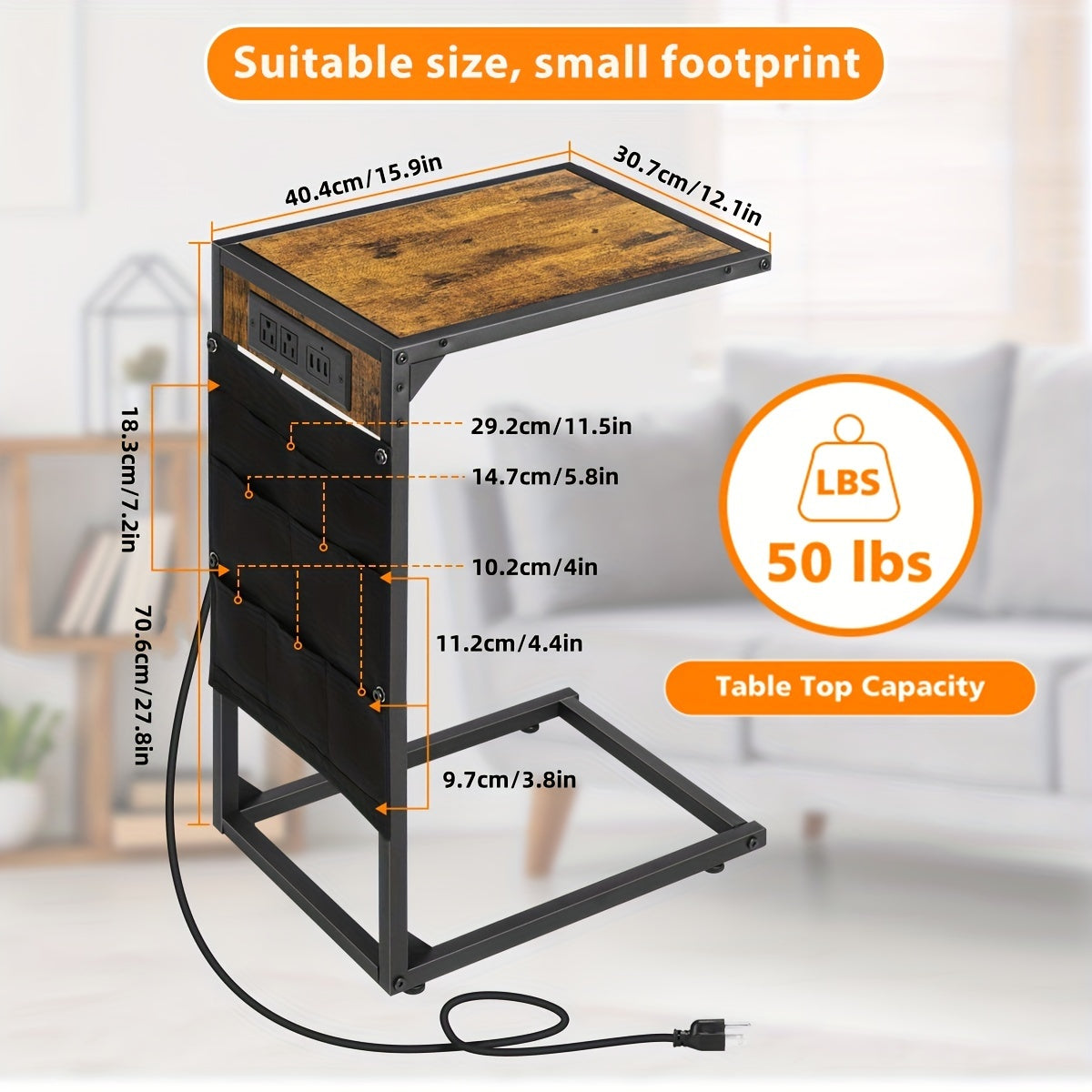 2pcs C-Shaped End Table Set – 50LBS Desktop, Charging Station and Storage Bag, Removable & Slide-Under-Sofa Design – Ideal for Living Room, Bedroom