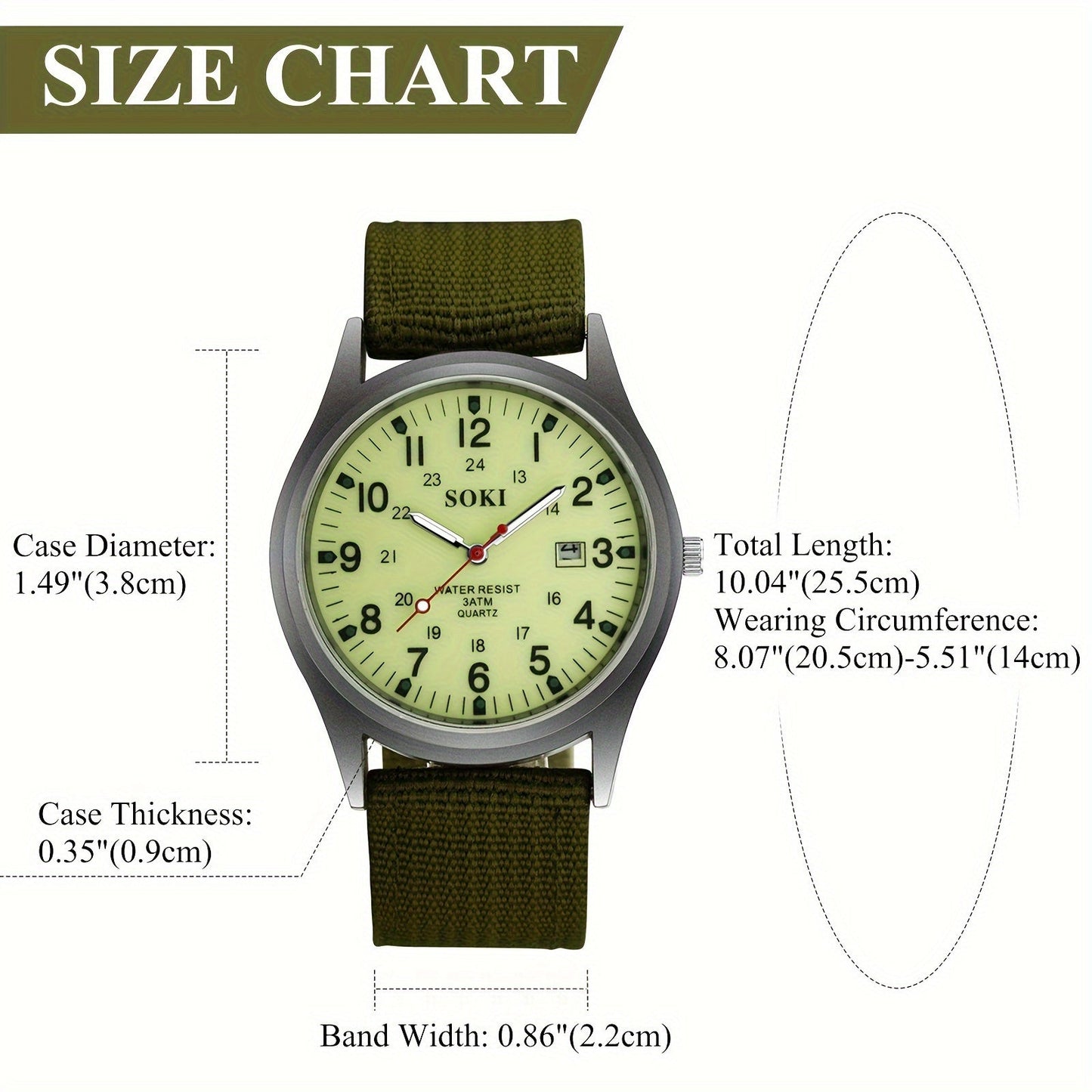Military Tactical Men's Analog Quartz Watch - Green Nylon Strap, Luminous Dial, 24-Hour Scale, Calendar, Water-Resistant (1ATM), Casual, Business & Sports Gift
