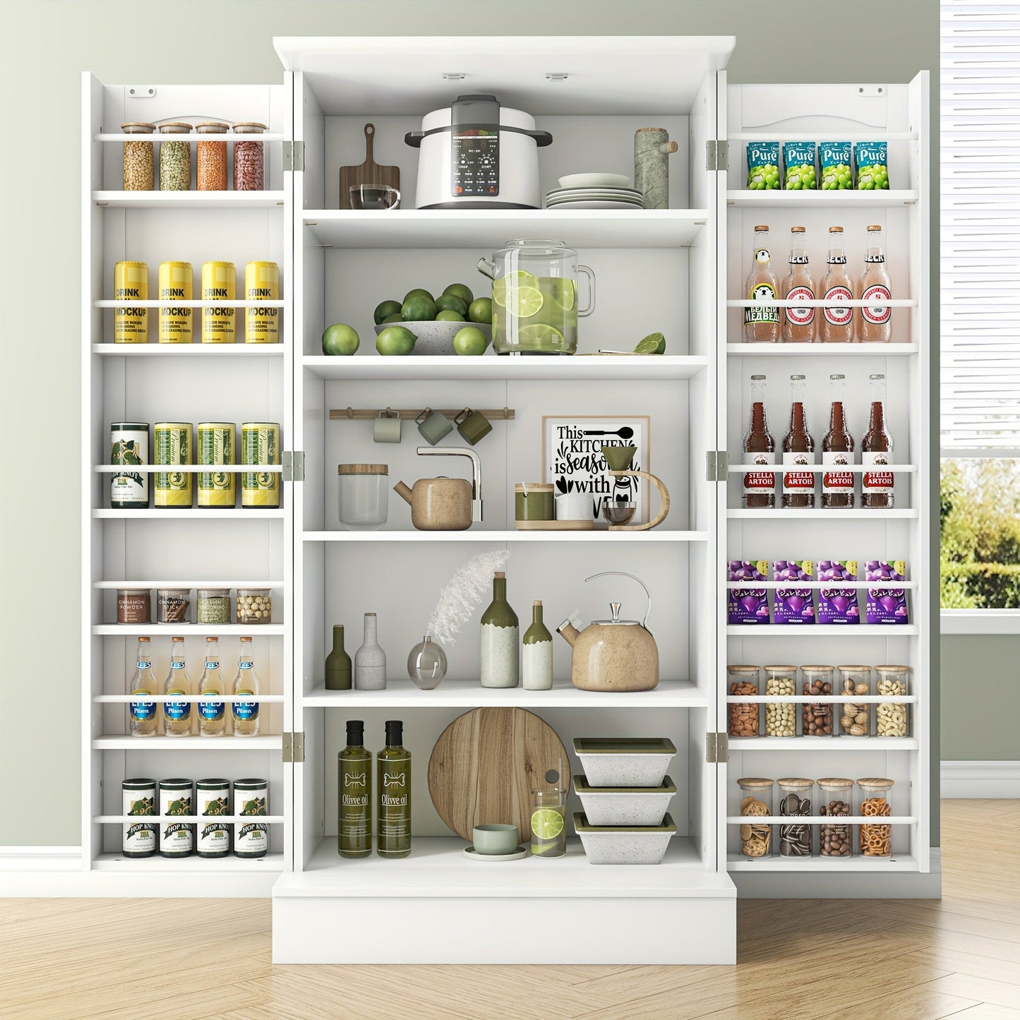 47 Inch White Kitchen Pantry Storage Cabinet – Freestanding Pantry with Doors & Adjustable Shelves, Buffet Cupboard for Kitchen, Living Room, Dining Room