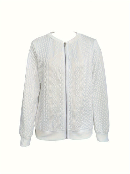 Textured Zip-Up Bomber Jacket - Casual Solid Long Sleeve Outerwear, Women's Clothing