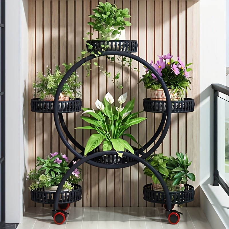 Multilayer Iron Art Flower Rack with Wheels - Floor Standing Indoor Shelves for Green Pots, Household Living Room and Balcony Flower Organizer