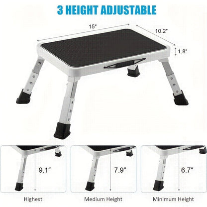 Adjustable Height Folding Step Stool – Non-Slip Platform, 330 lbs Capacity, Durable Iron Construction (Gray/Black)