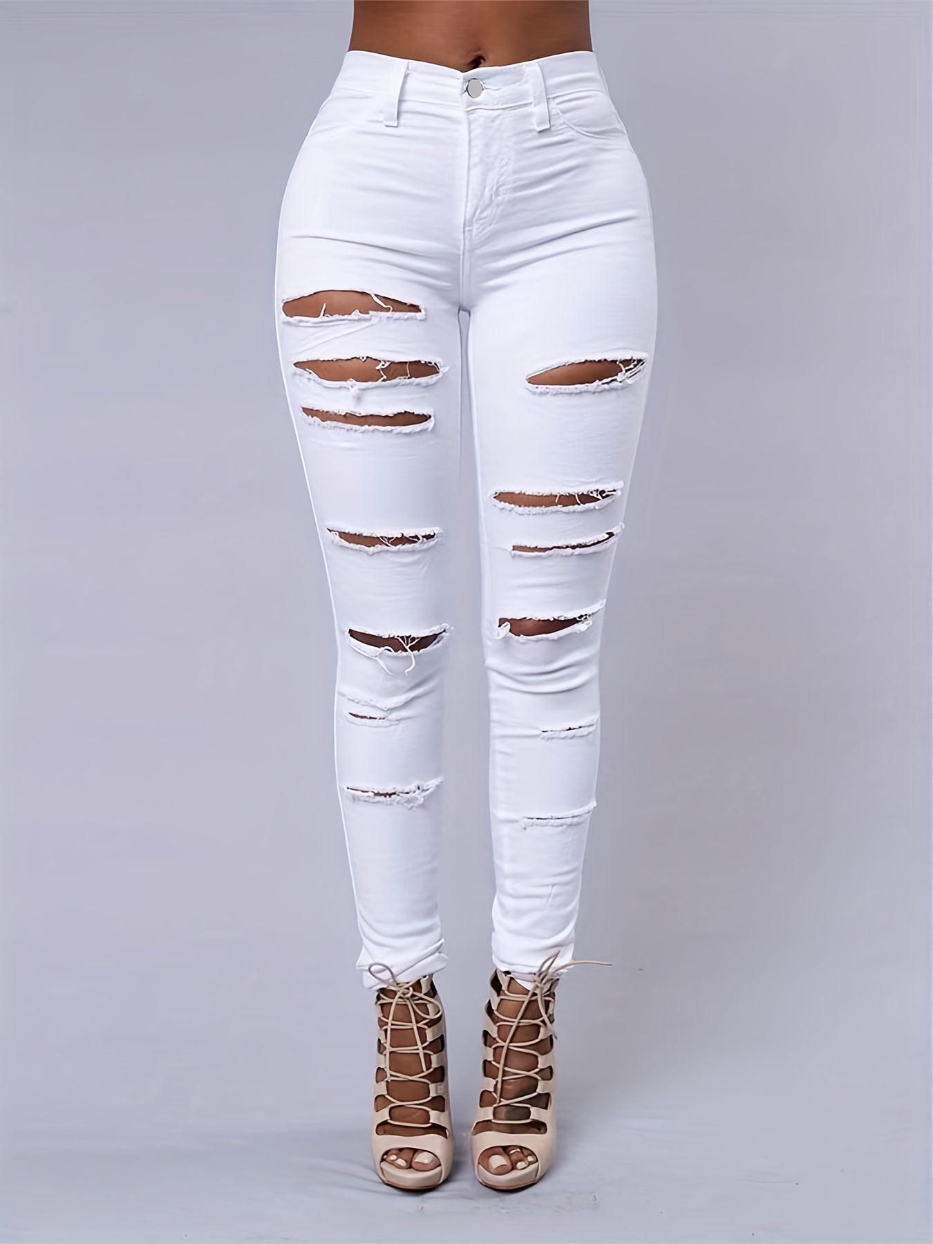 Women's Ripped High-Stretch Distressed Jeans – Slim Fit Solid Color Denim Pants with Zipper Button Closure