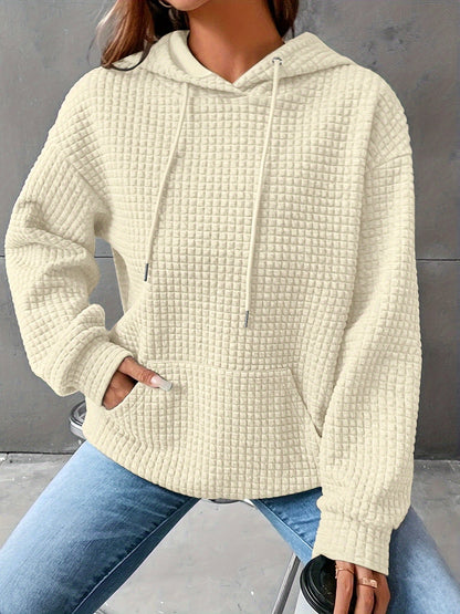 Plus Size Casual Hooded Sweatshirt for Women – Solid Waffle Pattern, Long Sleeve, with Drawstring and Pockets