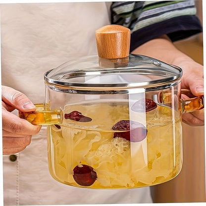 54.1oz Borosilicate Glass Pot with Lid – Heat-Resistant, Stovetop and Microwave Safe Cooking Pot for Soup, Milk, Porridge, with Dual Yellow Handles