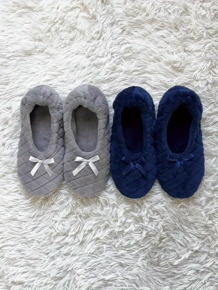 Elegant Women's Ballerina Slippers - Soft Quilted Terrycloth with Satin Bowknot, Lightweight Indoor Shoes in Grey