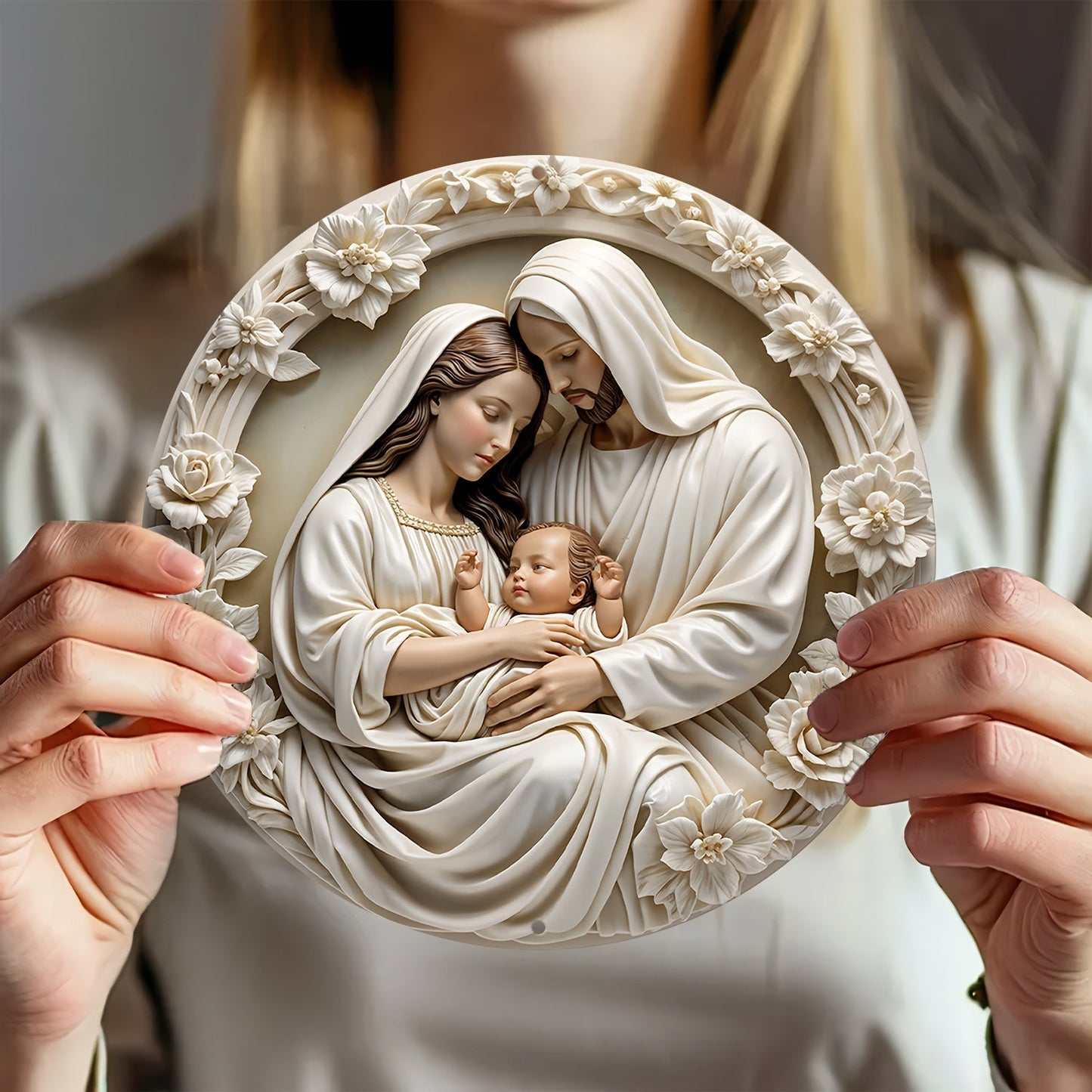 Round Aluminum 'Nativity' Sign - 8x8 Inches | 3D Vision Christmas Wreath Sign for Front Door, Living Room, Cafe, Farmhouse | Ideal Gift & Home Decoration
