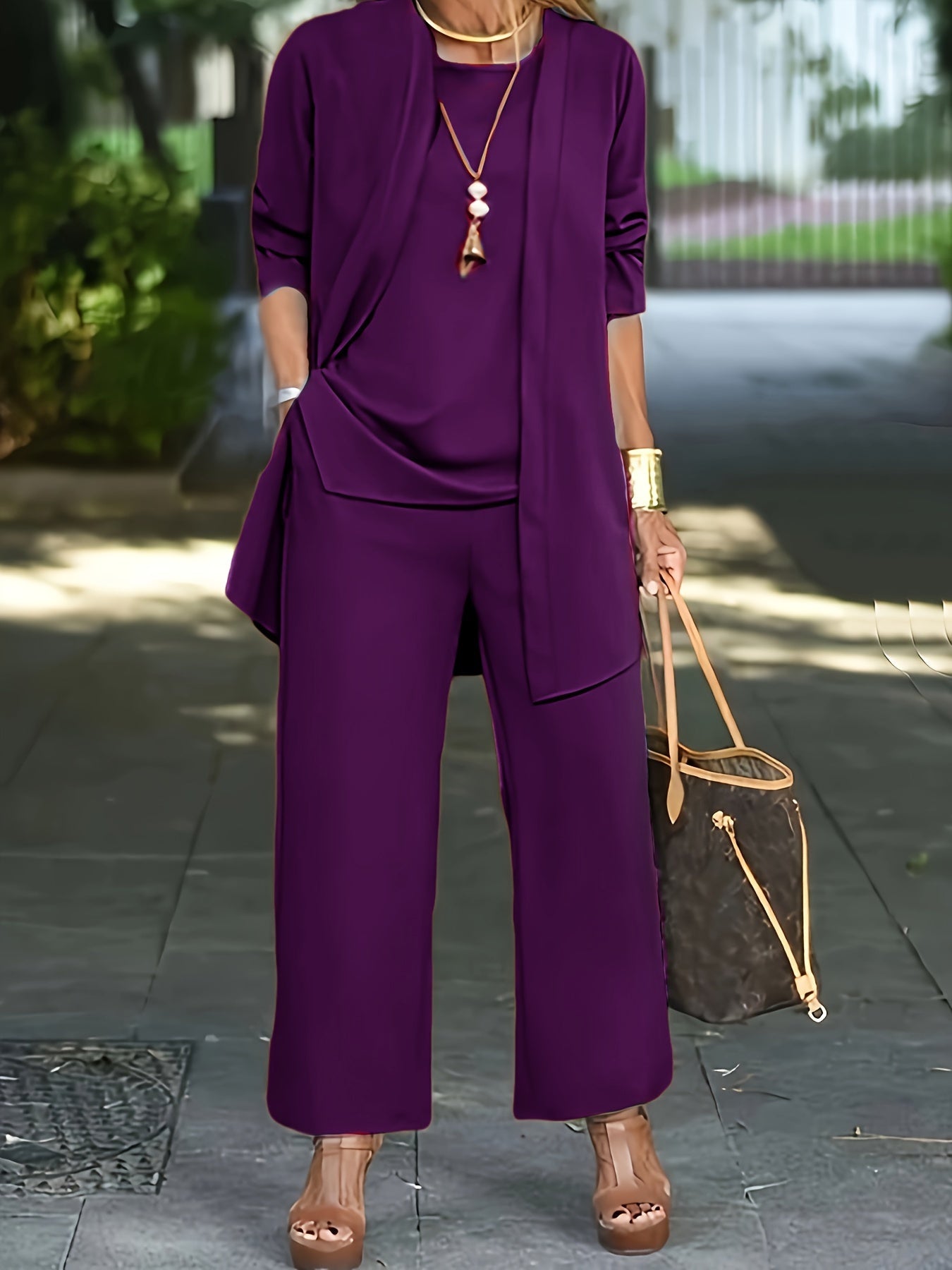 Casual Three-Piece Solid Set – Long Sleeve Cardigan, Top, and Long Pants Outfit for Women