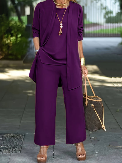 Casual Three-Piece Solid Set – Long Sleeve Cardigan, Top, and Long Pants Outfit for Women