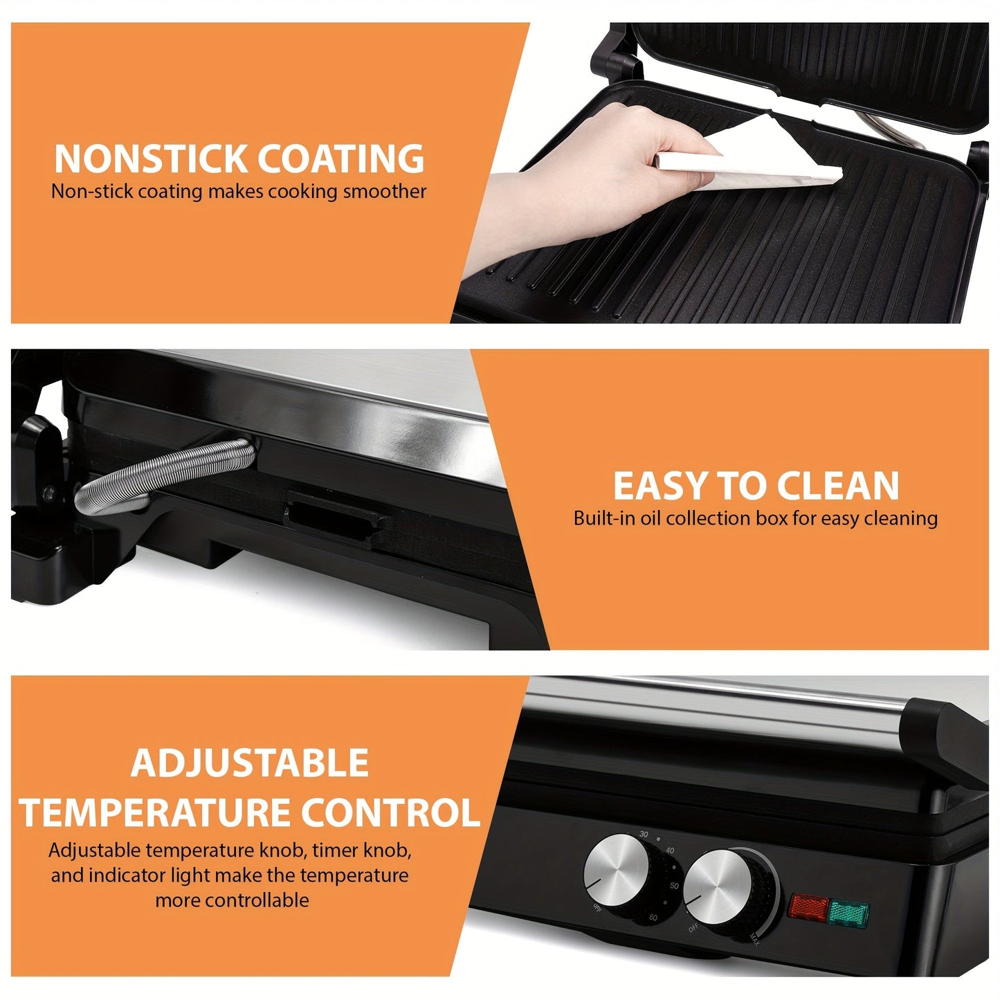 180-Degree 3-in-1 Electric Indoor Grill and Panini Press - Non-Stick Cooking Plates, Floating Hinge, Grease Tray