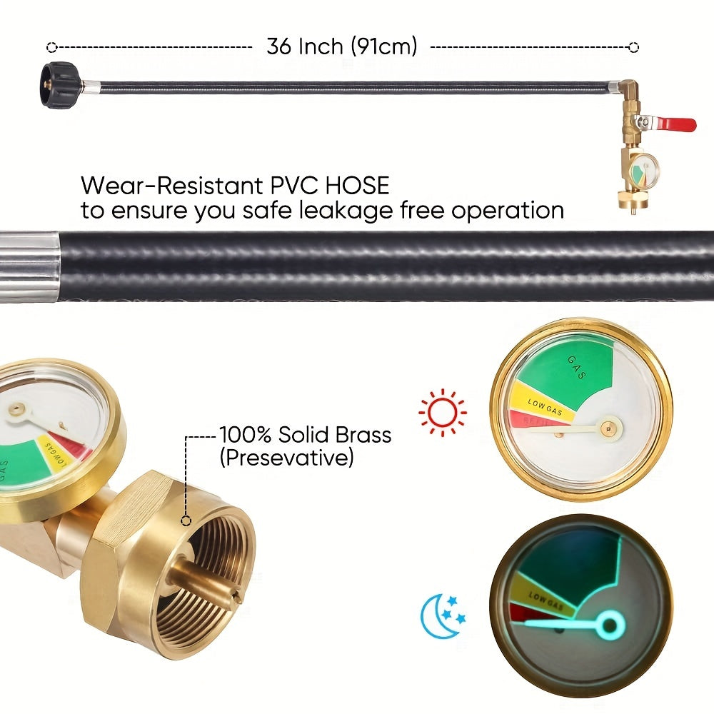 36" Propane Refill Adapter Hose with Pressure Gauge - High-Pressure Camping Grill Connection, 350PSI QCC/Type1 Inlet, 1LB Propane Tank Adapter | ON-Off Control Valve, Durable Construction for Safe Outdoor Cooking