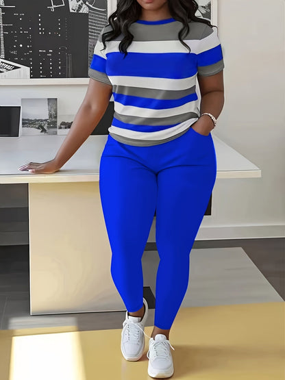Plus Size Women's Casual Lash Set - Crew Neck Short Sleeve Top and Pocket Pants - Medium Stretch, Random Print, Machine Washable - Daily and Casual Outfit