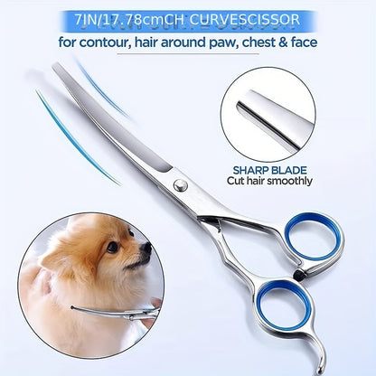 Dog Grooming Scissors Kit - Professional Pet Cleaning & Grooming Set with Safety Round Tip Stainless Steel Shears for Dogs & Cats