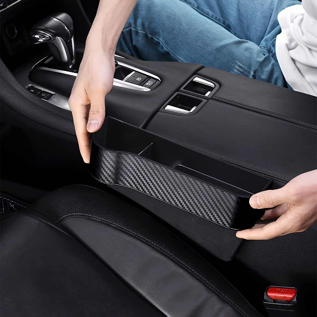 2 Pack Premium Car Seat Gap Fillers with Cup Holder – Multifunctional Organizer Box and Key Holder for Front Seats, Carbon Fiber Texture, Black