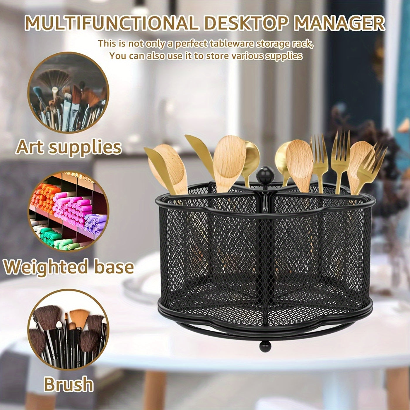 360° Rotating Metal Kitchen Utensil Holder – 5 Compartment Cutlery Organizer for Kitchen & Dining Tables