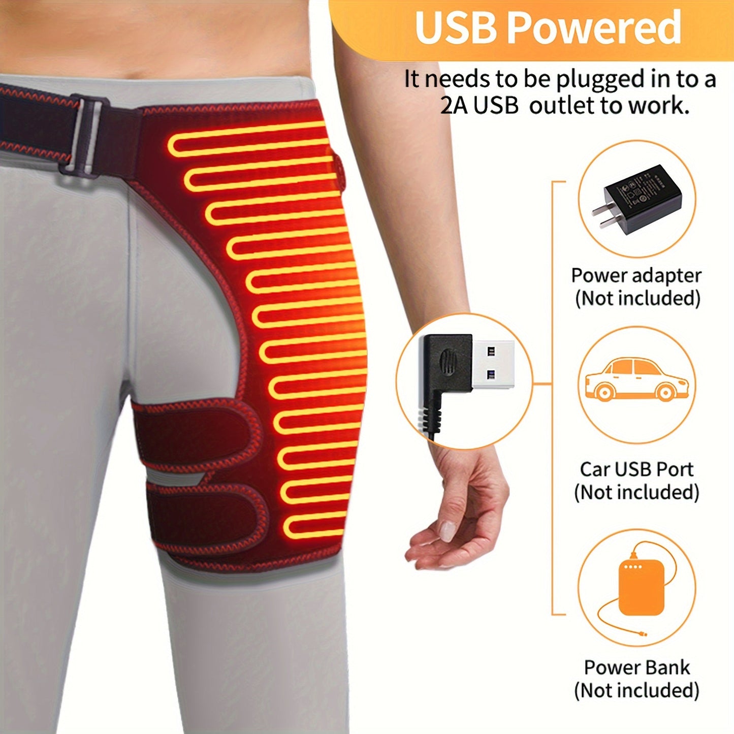 USB Electric Heated Hip Brace – Thermal Compression with Vibration Massage, Thigh Support and Groin Wrap (1pc)
