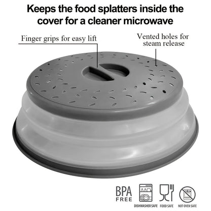 Collapsible Microwave Food Cover – 10.5 Inch Round, BPA-Free TPR with Handle, Steam Vent & Strainer for Plate Protection (Grey)
