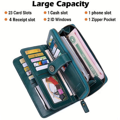 RFID Large Capacity Women's Wallet - Retro Style, Multi-Card, Solid Color with Zipper and Wrist Strap