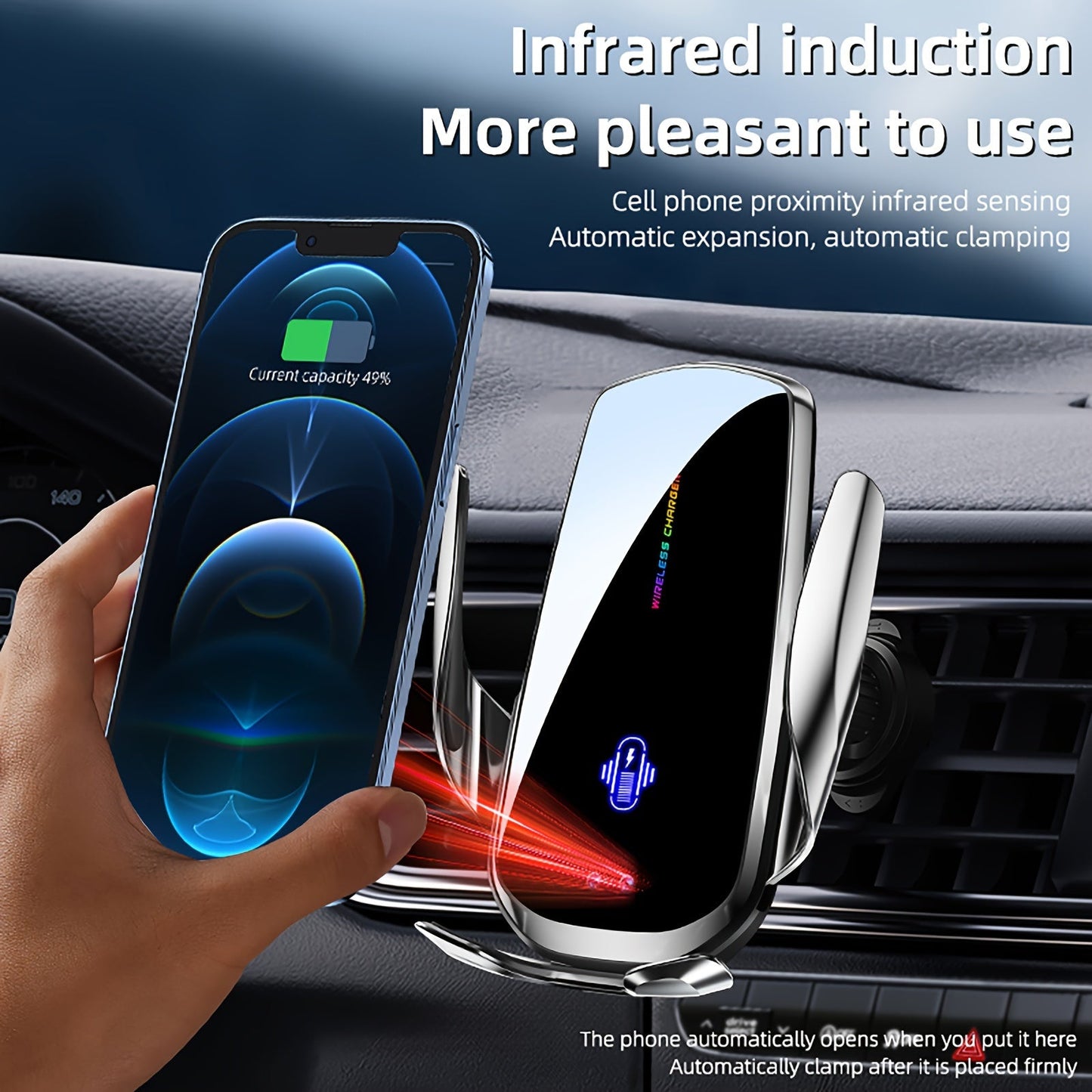 Wireless Car Charger with Automatic Phone Holder – 15W Fast Charging, 360° Rotation, Secure Grip – Compatible with iPhone 14/13/12/11 Pro/Max and Samsung Galaxy S23/S22/S21/S20