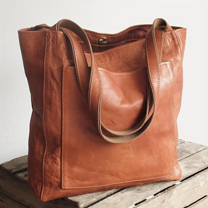 Retro Solid Color Tote Bag – Oil Leather PU Shoulder Bag, Multi-Pocket Handbag for Daily Use