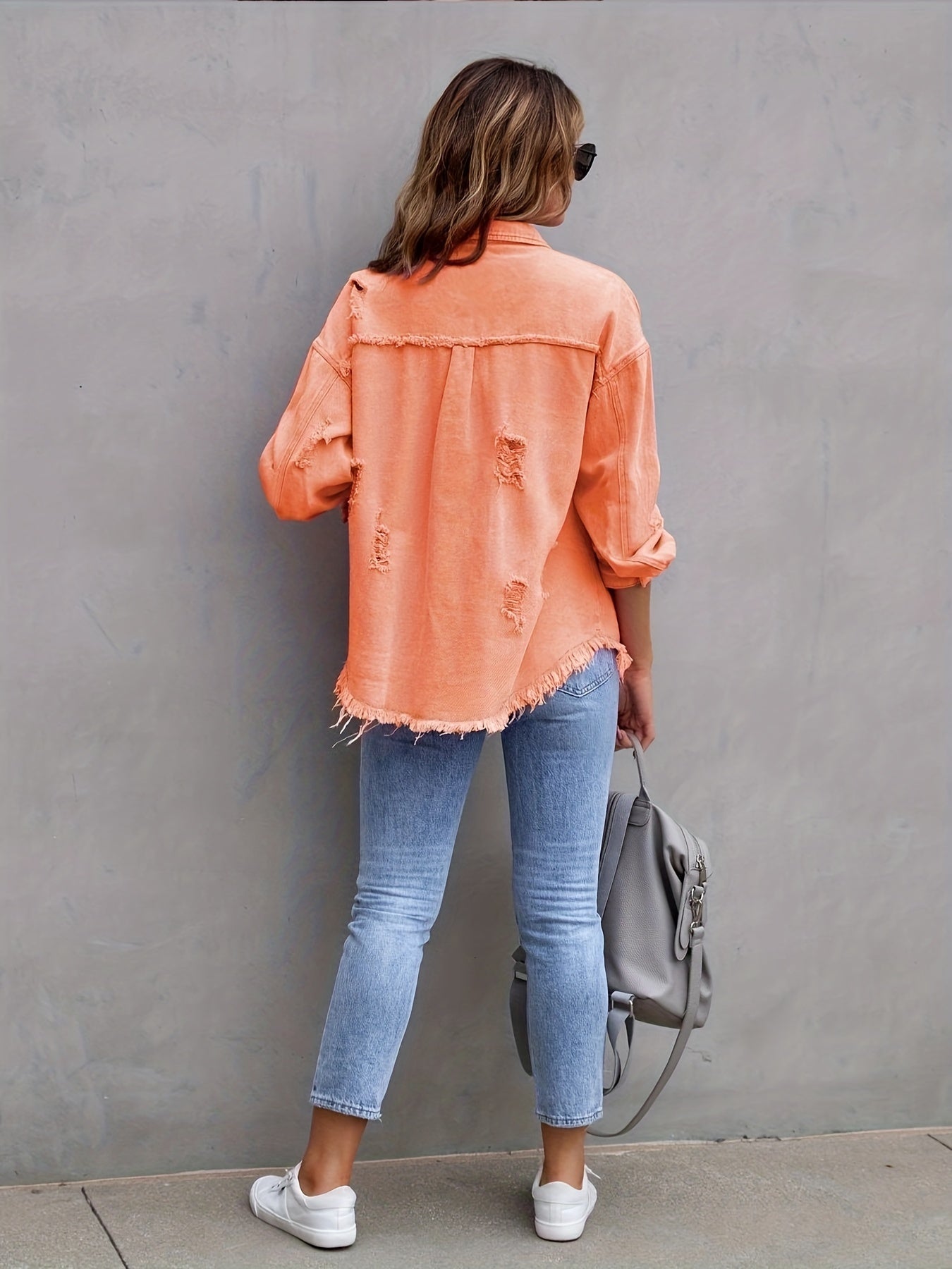 Women's Plus-Size Denim Blazer with Distressed Holes