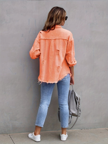 Women's Plus-Size Denim Blazer with Distressed Holes