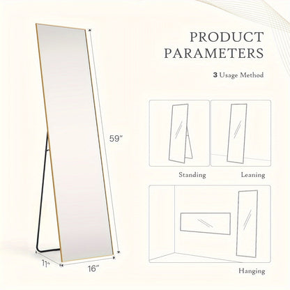 Large Standing Full Body Mirror – 59"x16" and 64"x21" Options – Shatter-Proof Glass with Aluminum Alloy Frame, Floor Standing & Wall Mountable – Ideal for Bedroom, Living Room, Cloakroom