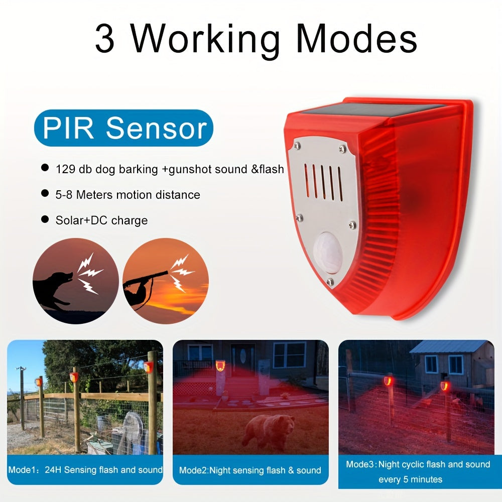 Advanced Solar-Powered Security Alarm Light - 129dB Gunshot & Dog Barking Sounds, Strobe Light with Motion Sensor | Outdoor Warning Lamp for Farm, Barn, Villa, Yard | Durable, Weather-Resistant, Energy-Efficient