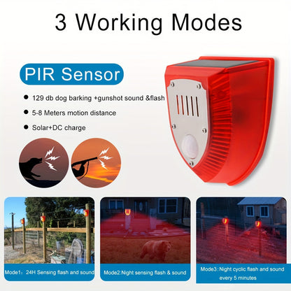 Advanced Solar-Powered Security Alarm Light - 129dB Gunshot & Dog Barking Sounds, Strobe Light with Motion Sensor | Outdoor Warning Lamp for Farm, Barn, Villa, Yard | Durable, Weather-Resistant, Energy-Efficient