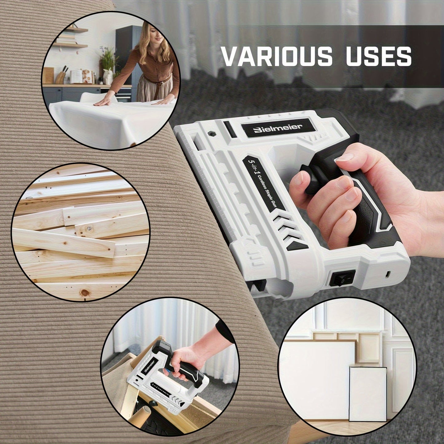 Bielmeier Lithium Ion Staple Gun - 5-in-1 Brad Nailer, 4V Rechargeable Cordless, Battery-Powered with 2,000 Staples and Nails - Power Tacker for Home, Wood, Upholstery, DIY