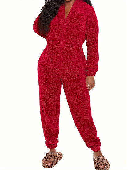 Fuzzy Hooded Pajama Jumpsuit for Music Festivals – Comfy and Cute Long Sleeve Zipper Pajamas – Women's Lingerie and Sleepwear