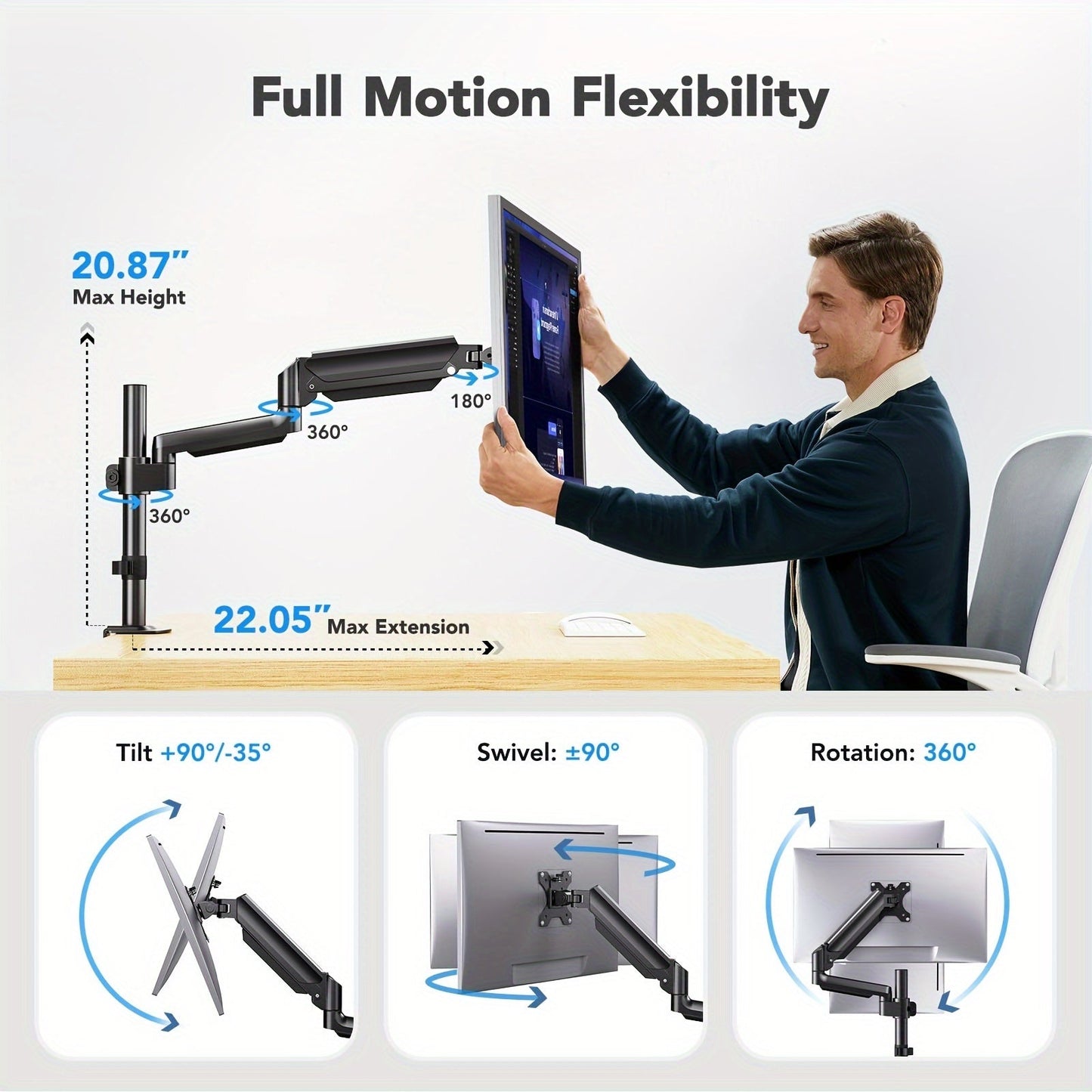Adjustable Ergonomic Footrest with Air Spring Bracket – 4.4-19.8 Lb Load, Massage Roller, 3 Heights, 30° Tilt – Includes Single Display Arm for 13-32" Screen – Perfect Home Office Accessory and Christmas Gift