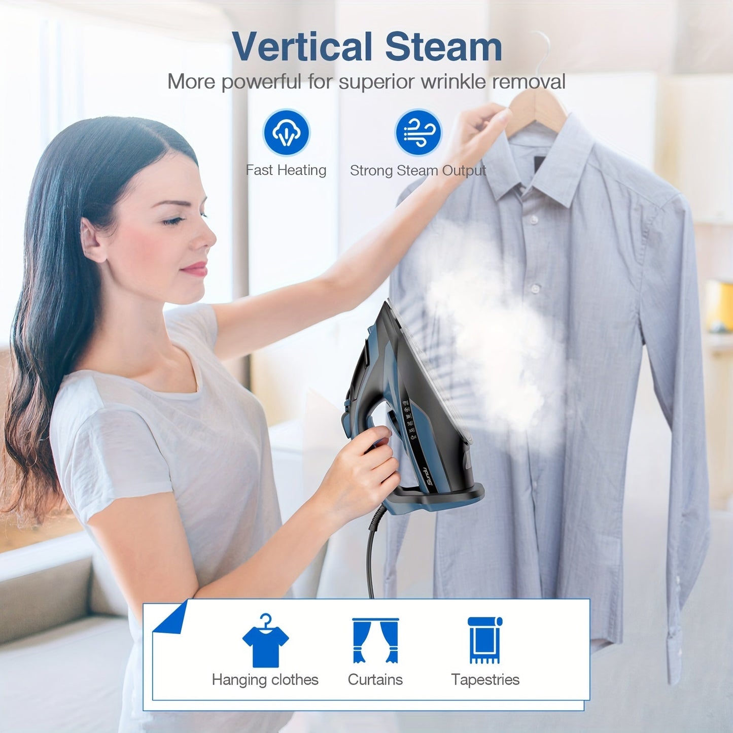 1700W Steam Iron with Rapid Heating - Ceramic Coated Soleplate, Precise Thermostat Dial, Self-Cleaning, Auto-Off, 15.21oz Water Tank - Blue