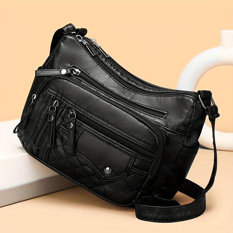 Fashion Multi-Zipper Crossbody Bag – Soft Vegan Leather Shoulder Bag with Multiple Pockets – Women's Handbag Purse