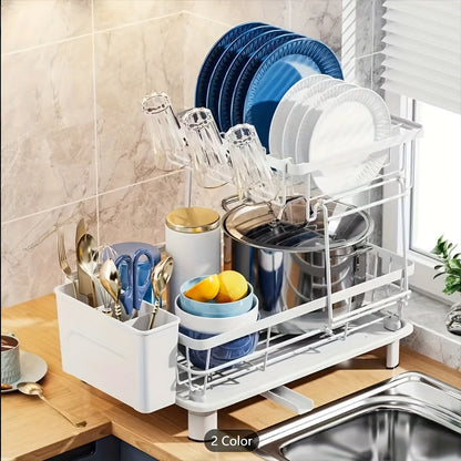 2-Tier Iron Bowl and Dish Drying Rack - Space-Saving Kitchen Organizer with Knife Cup and Tableware Holder - Rust-Resistant Metal Construction for Easy Cleaning