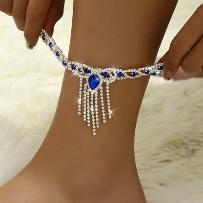 Sparkling Tassel & Blue Rhinestone Ankle Chains - Sexy & Fashionable Jewelry for Women's Parties, Engagements, and Weddings