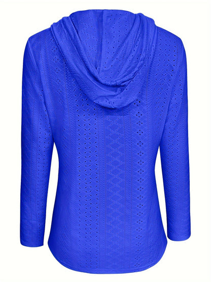 Solid Color Button Eyelet Hoodie – Casual Long Sleeve Drawstring Sweatshirt – Women's Clothing