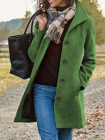 Women's Single-Breasted Overcoat - Solid Color Long Sleeve Casual Outerwear for Fall and Winter