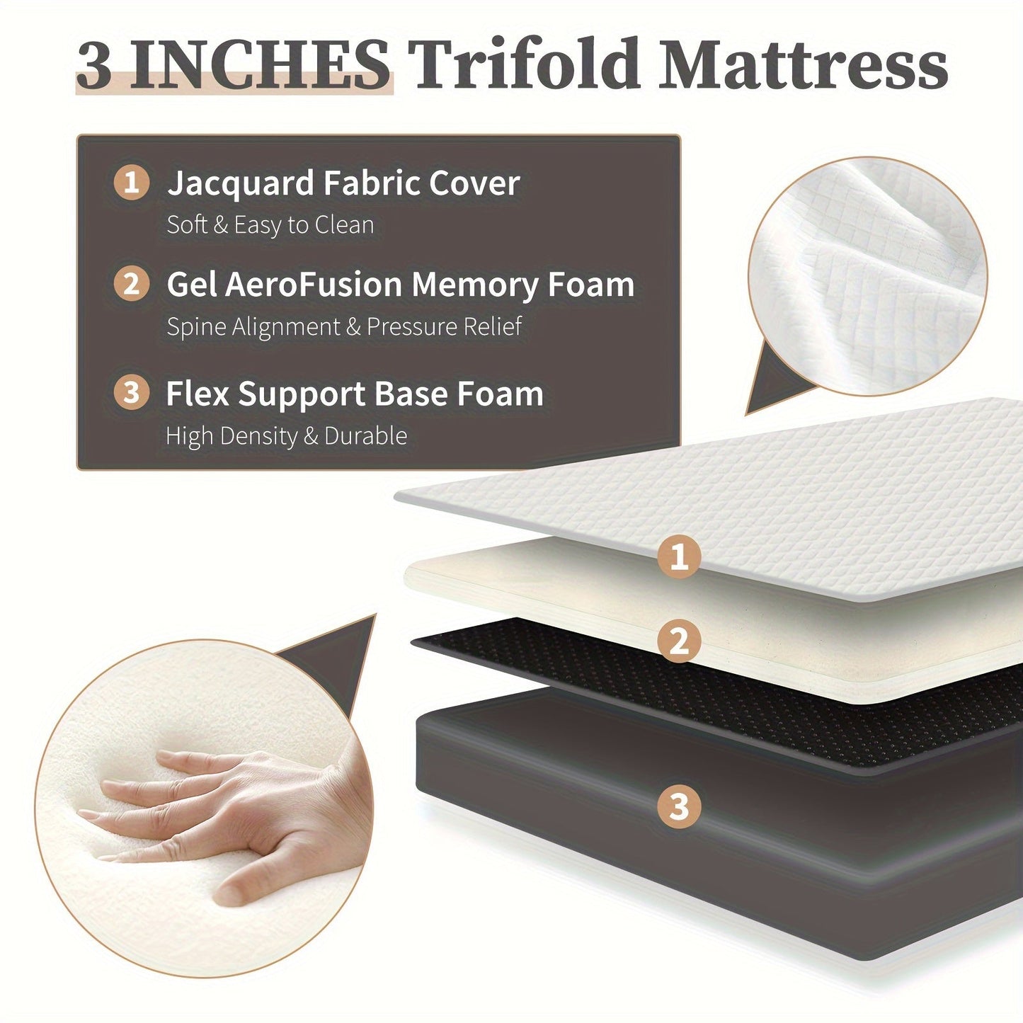 Tri-Fold Memory Foam Mattress – 4 inch/3-inch Foldable Bed with Washable Cover, Portable Mattress Topper for Camping, Guest Bed – Available in Single/Twin/Full/Queen