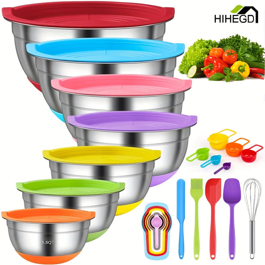 18 Piece Stainless Steel Nesting Mixing Bowls Set – Airtight Lids, Non-Slip Silicone Bottom, Colorful, Durable, Easy to Store, Ideal for Mixing, Serving, and Storing