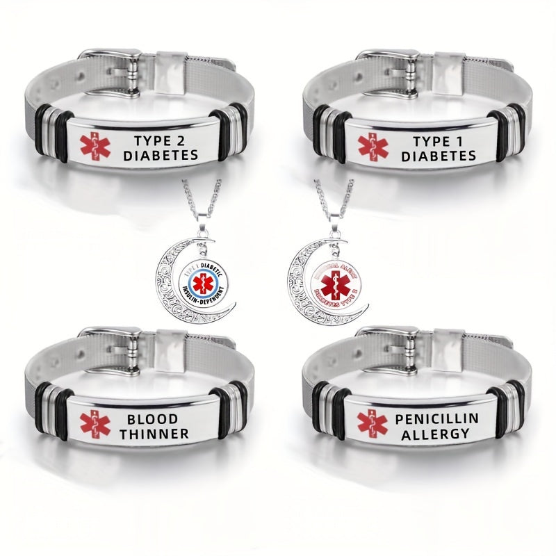 Medical Jewelry Bracelet & Necklace Set – 3 Piece Stainless Steel ID Jewelry for Diabetes, Penicillin Allergy, Asthma & Blood Thinner Awareness with Star of Life Symbol