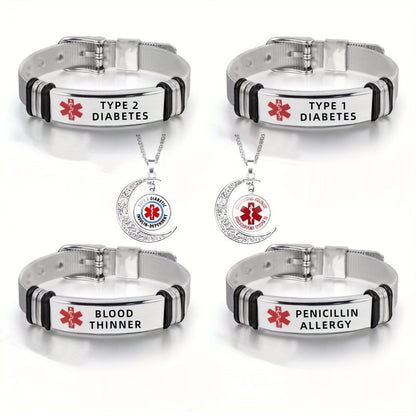 Medical Jewelry Bracelet & Necklace Set – 3 Piece Stainless Steel ID Jewelry for Diabetes, Penicillin Allergy, Asthma & Blood Thinner Awareness with Star of Life Symbol