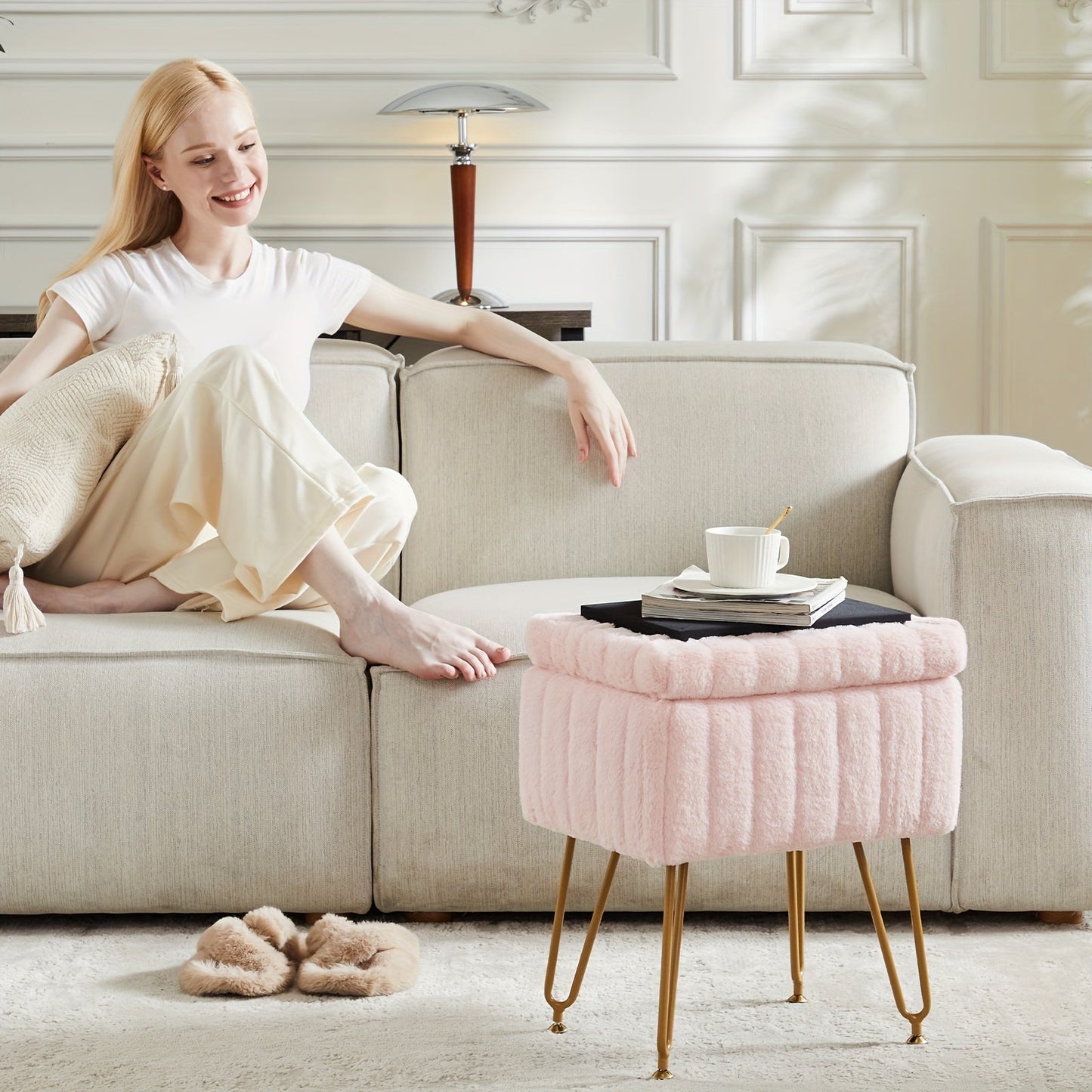 Luxurious Faux Fur Vanity Storage Ottoman Chair - Metal Legs, Flip-Top Foot Rest, Soft Padded Seat, Ample Storage