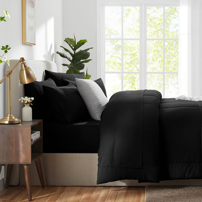 7 Pcs Bed In A Bag - Bedding Set with All Season Quilted Comforter, Flat Sheet, Fitted Sheet, Pillowcases - Black, Queen