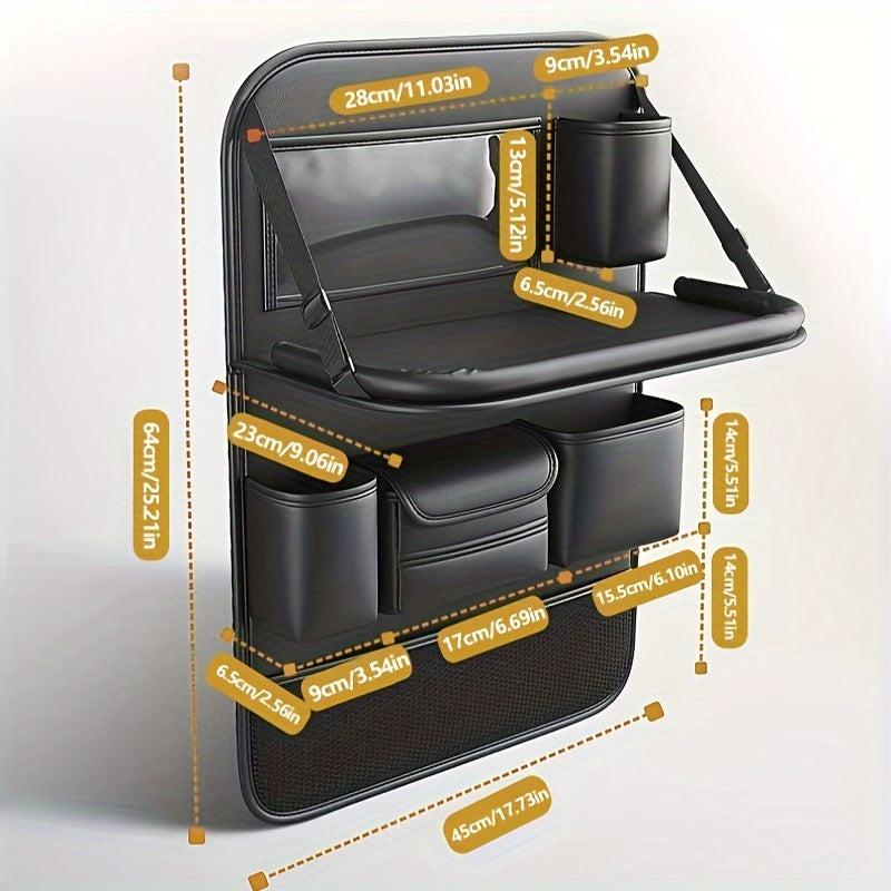 Premium PU Leather Backseat Organizer with Foldable Table Tray – Multi-Functional Vehicle Seat Storage Bag – Large Capacity for SUVs, Trucks and Vans
