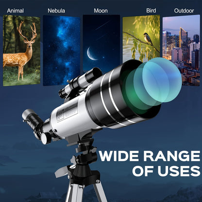 150X High-Powered Refractor Telescope - Portable 70mm Aperture Astronomical Telescope with Tripod, Phone Adapter, and Wireless Remote for Adults and Kids, Ideal for Stargazing and Space Exploration