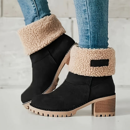 Women's Chunky Heel Slip-On Ankle Boots - Plush Lined for Comfort and Warmth